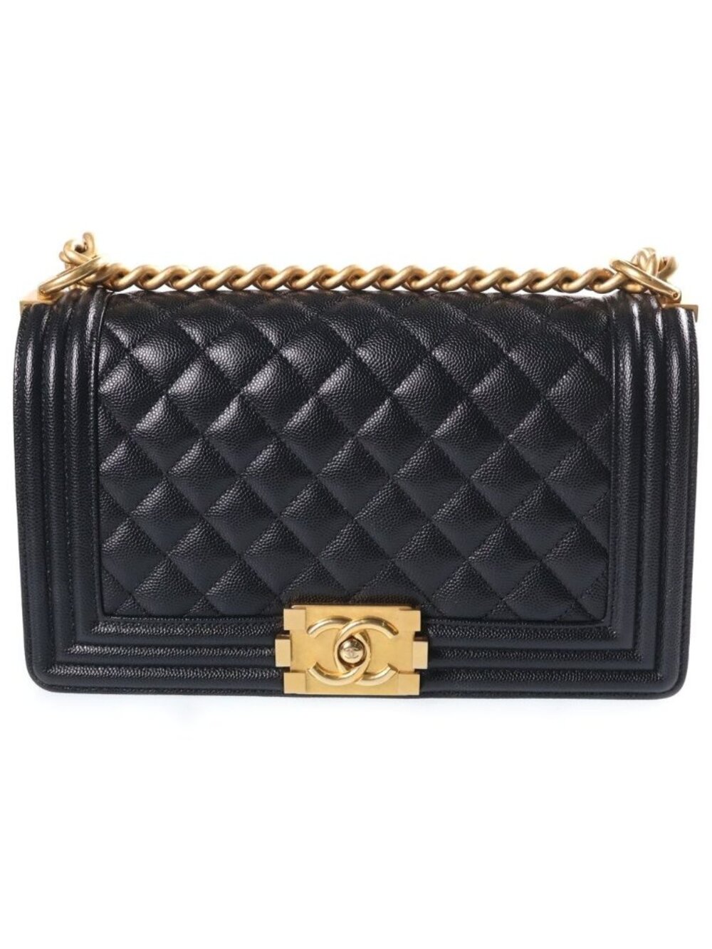 Chanel Boy 25 Chain Shoulder Bag Black Caviar Leather Plate Gold